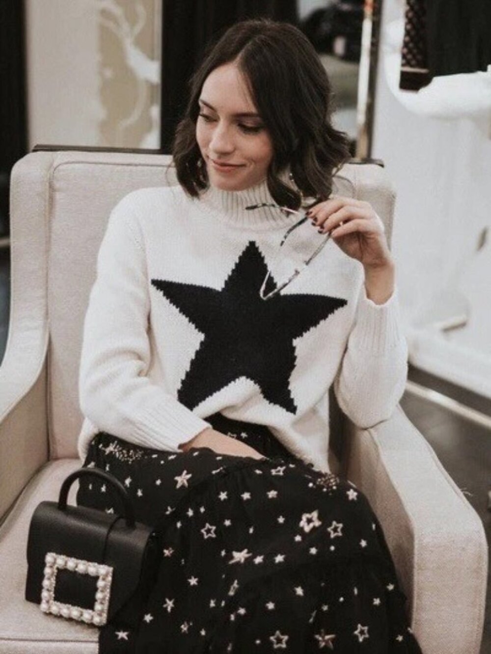 Kate Spade Broome Street Star Turtleneck Button Sweater Cream Navy XL